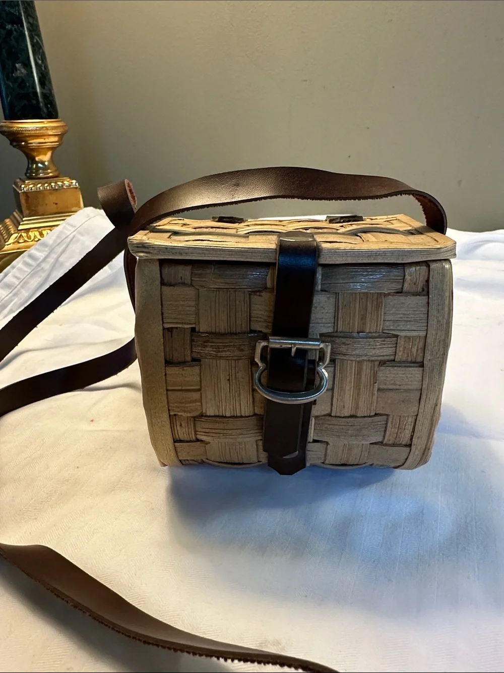 Woven Straw Crossbody Bag with Brown Leather Strap